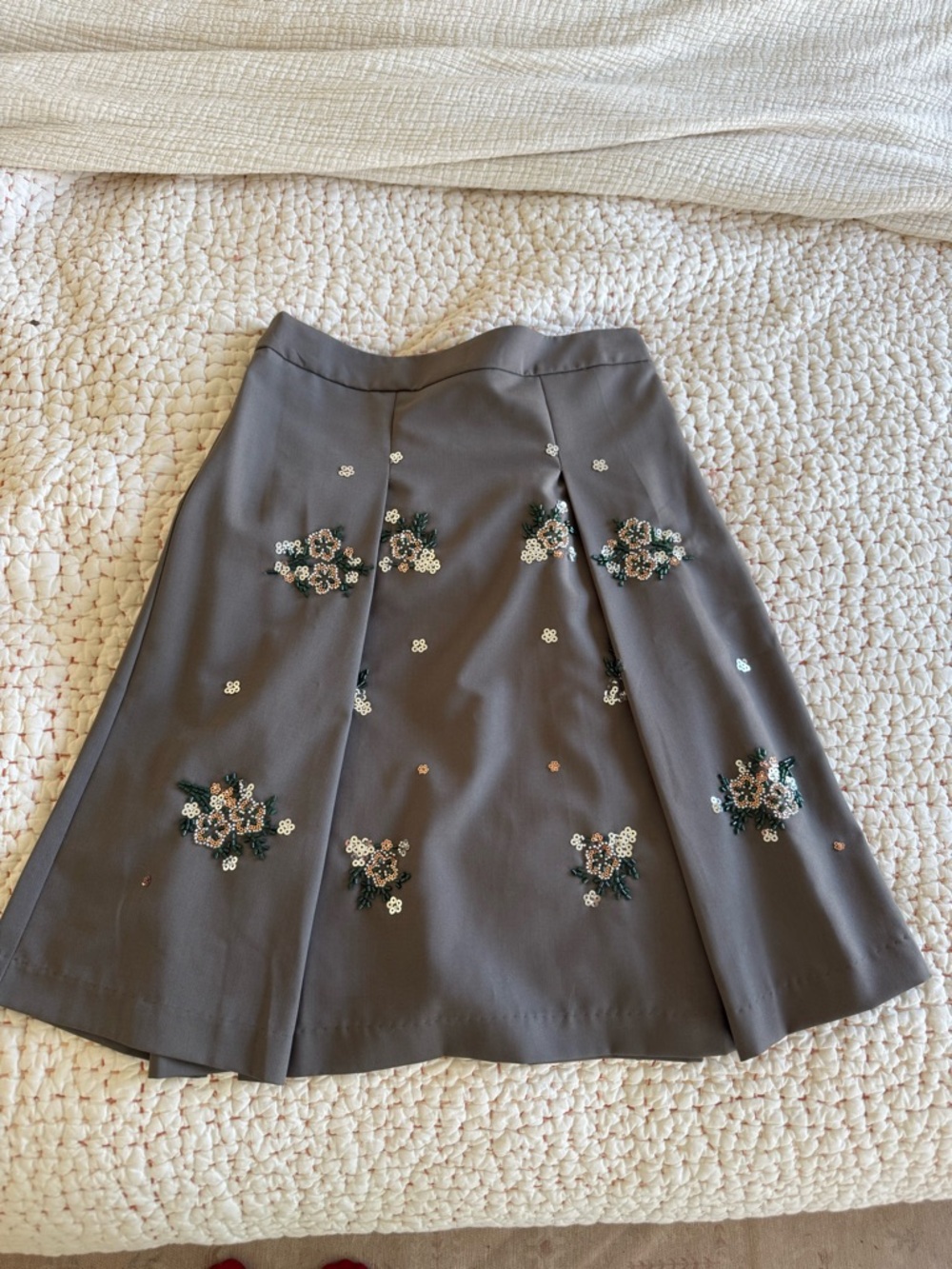Floral-Embroidered Gray A-Line Skirt